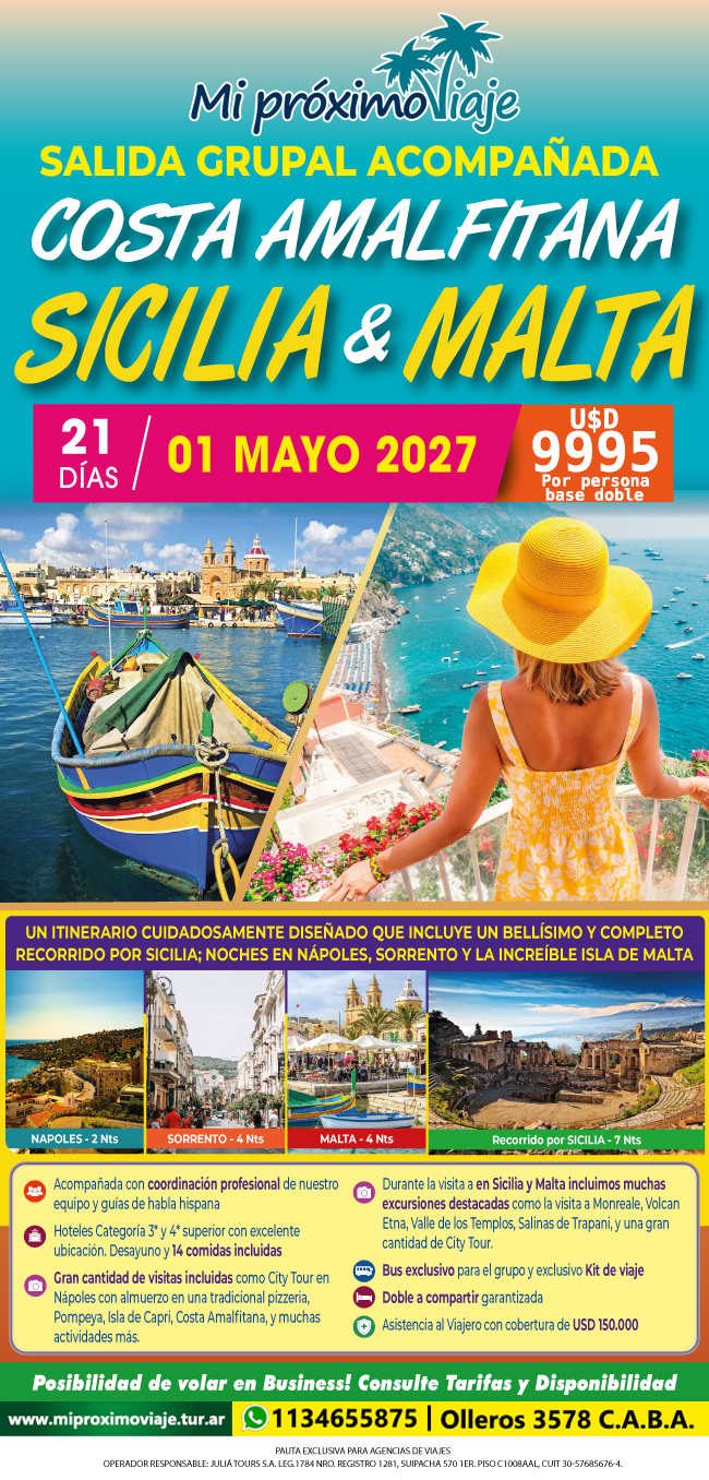 COSTA AMALFITANA, SICILIA & MALTA - SALIDA GRUPAL ACOMPAÑADA DOBLE A COMPARTIR GARANTIZAZDA | 1 DE MAYO 2027